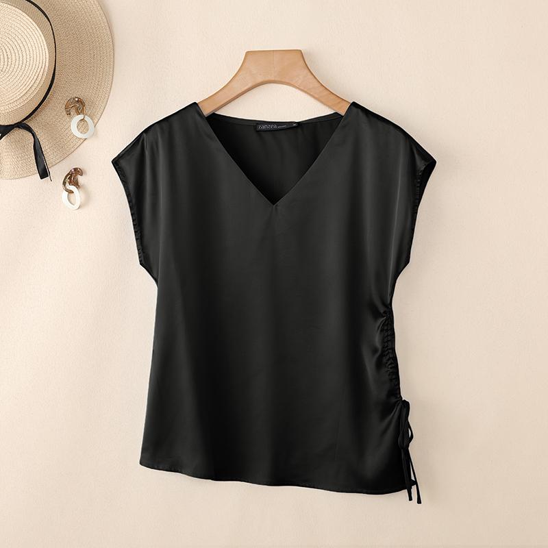 ZANZEA Womens Casual V-Neck Solid Color Drawstring Hem Loose Short Sleeve Blouse S чёрный