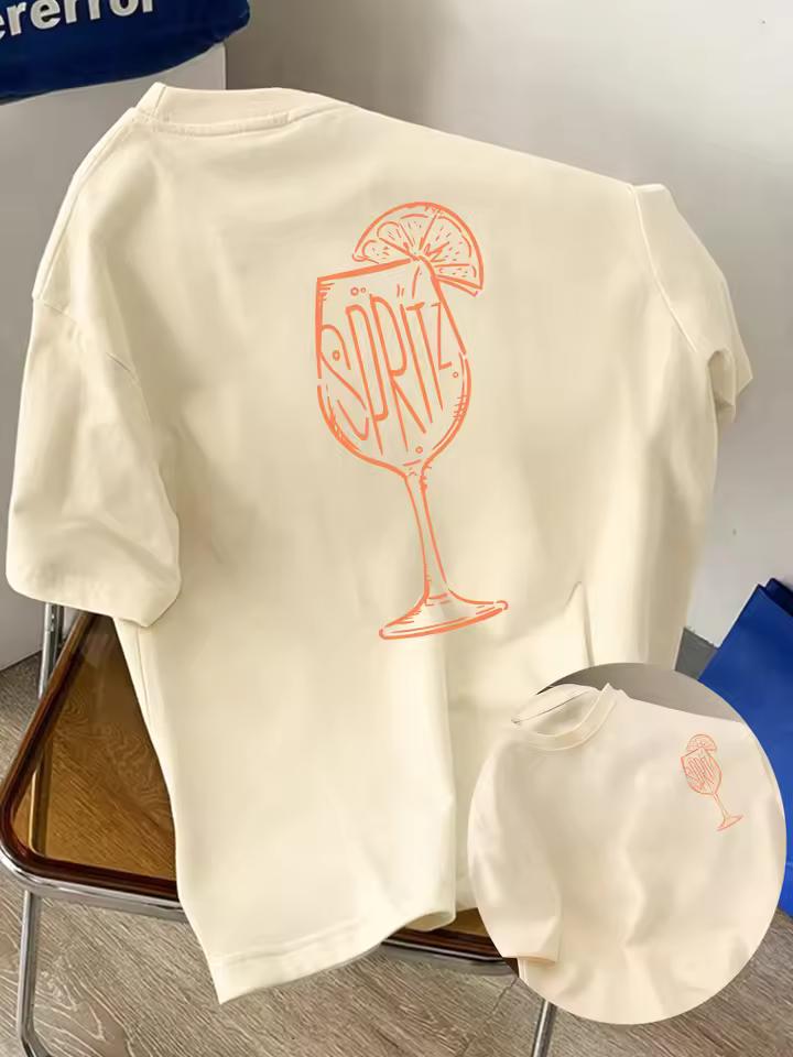Retro Cocktail Glass Print T-shirt Unisex Soft Cotton Summer Vacation Wine Lover Minimal Back Print Fashion Tops