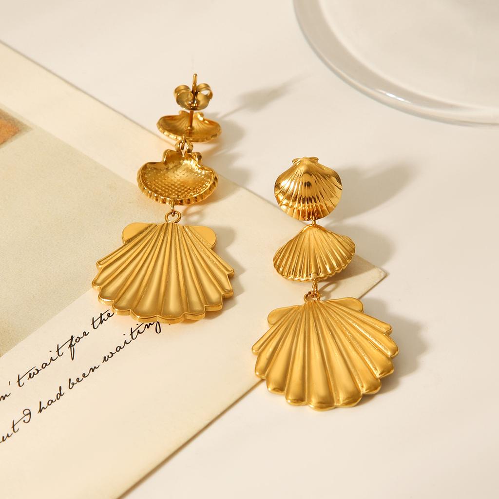 18K Gold Stainless Steel Shell Stud Earrings, Titanium Steel Tassel Drop Earrings, Western Ins Ocean Style Ear Jewelry