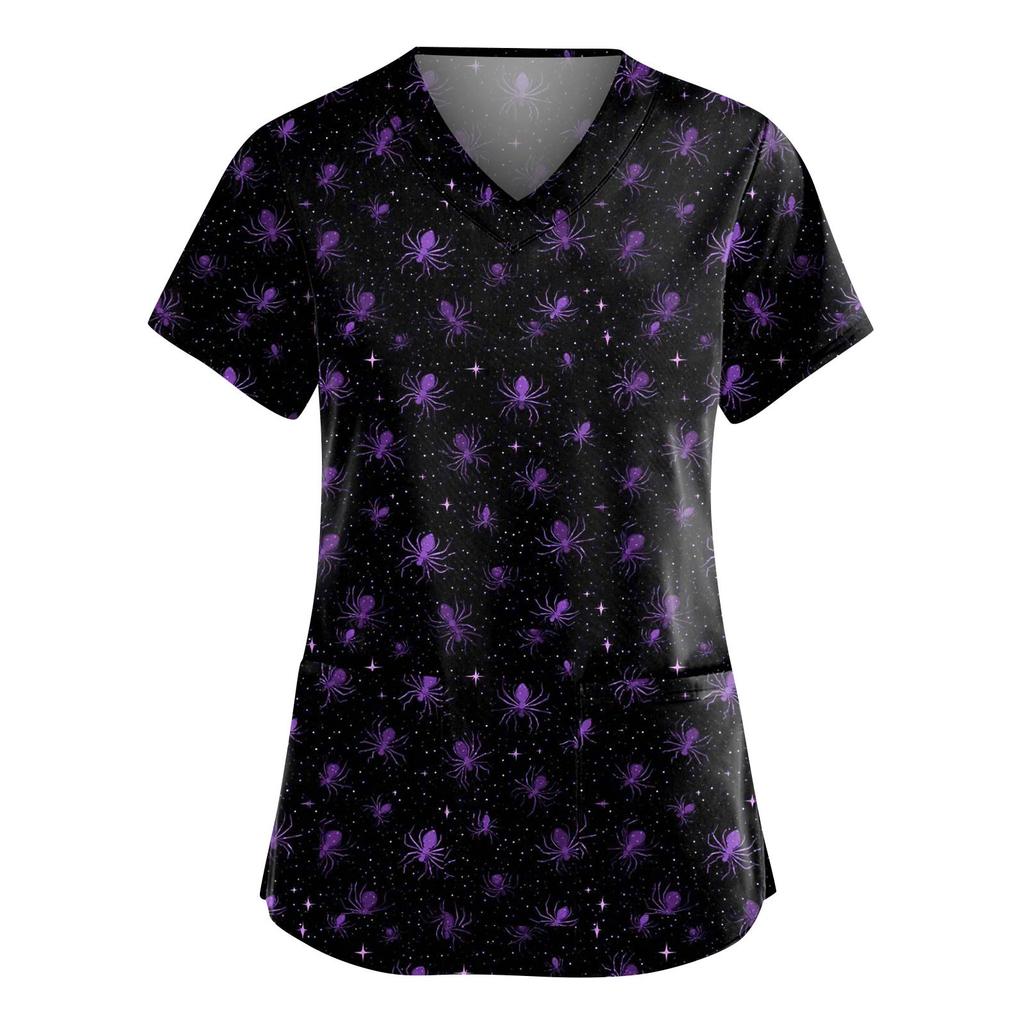 Women's Fashion V-Neck Short Sleeve Overalls With Pockets Halloween Printed Tops  Apparel
