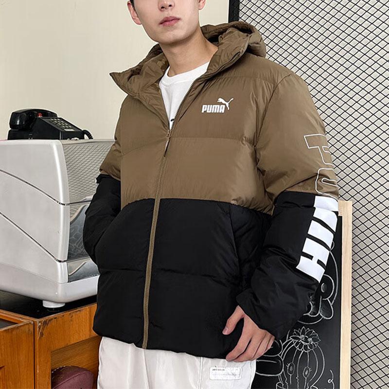 Puma Barevný blok potisk písmen Teplá větruodolná péřová bunda s kapucí Pánské svrchní oblečení Čokoládová 678720-93