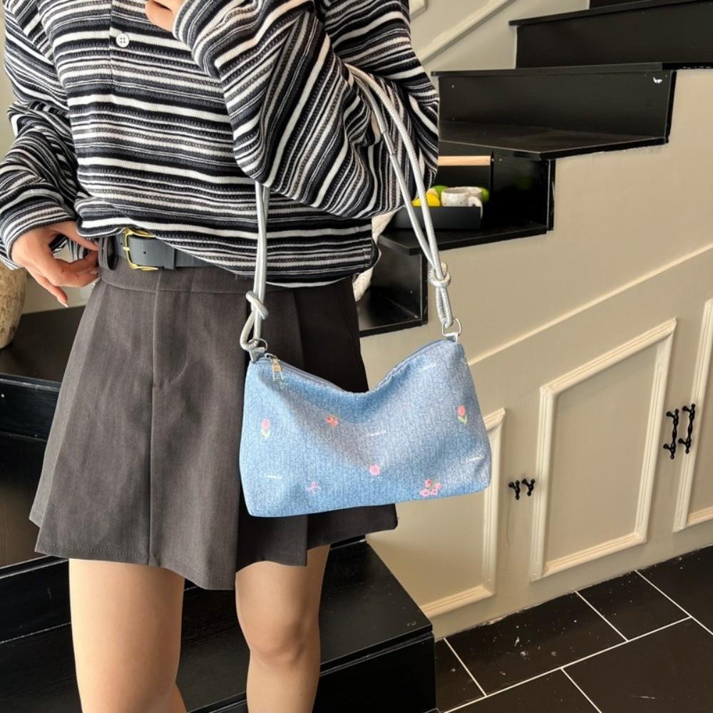 Blue Bow Underarm Bag Korean Women's Handbag Fashion Denim Shoulder Bag  Commuting