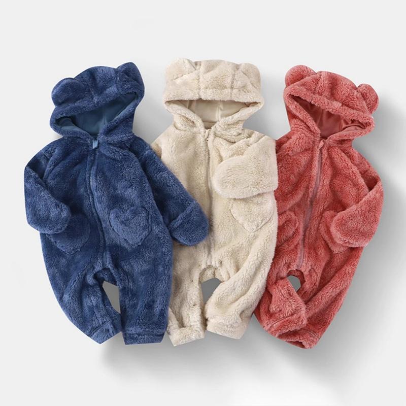 Infant Baby Hooded Romper Plush Jumpsuit