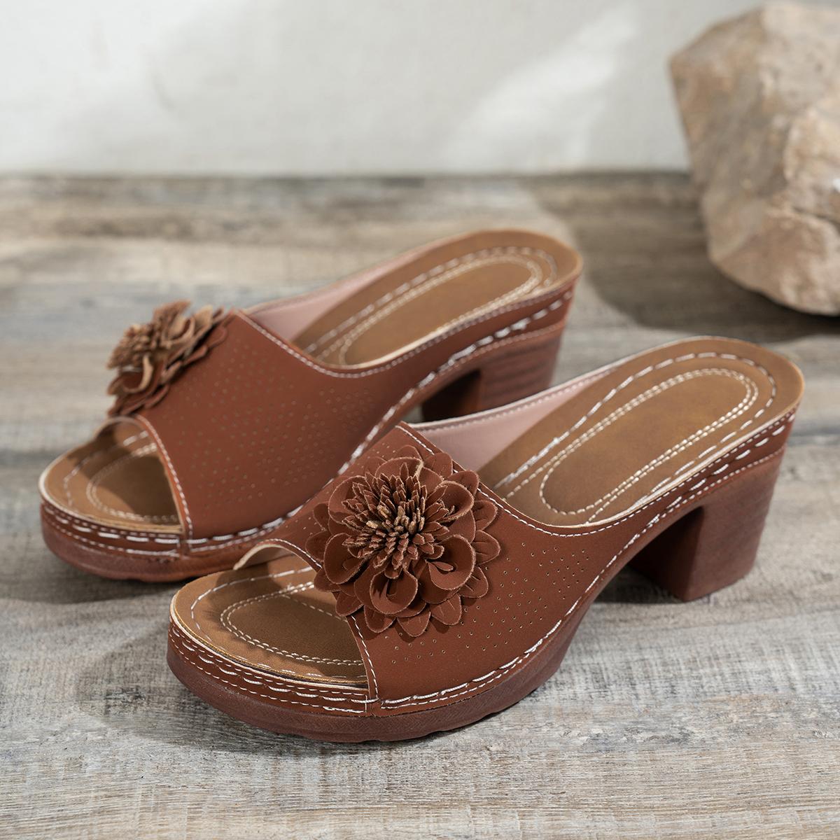 

Модные женские сандалии Винтажная цветочная отделка Сандалии слипоны Богемные туфли на высоком каблуке Летние элегантные туфли с мягкой подошвой для женщин 36 коричневый
