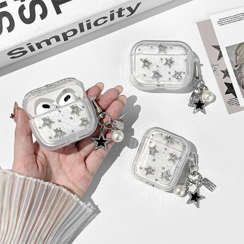Silver Bead Star Suitable For Airpodspro3 Protective Case Apple Airpods4 Bluetooth Headset Case Pearl Pendant