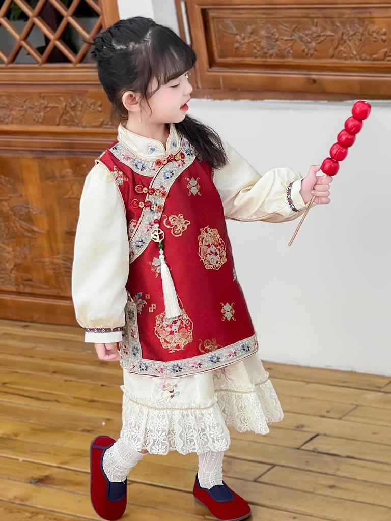 Girls' Retro Chinese Style Autumn Suit - Waistcoat & Dress Two-Piece Set