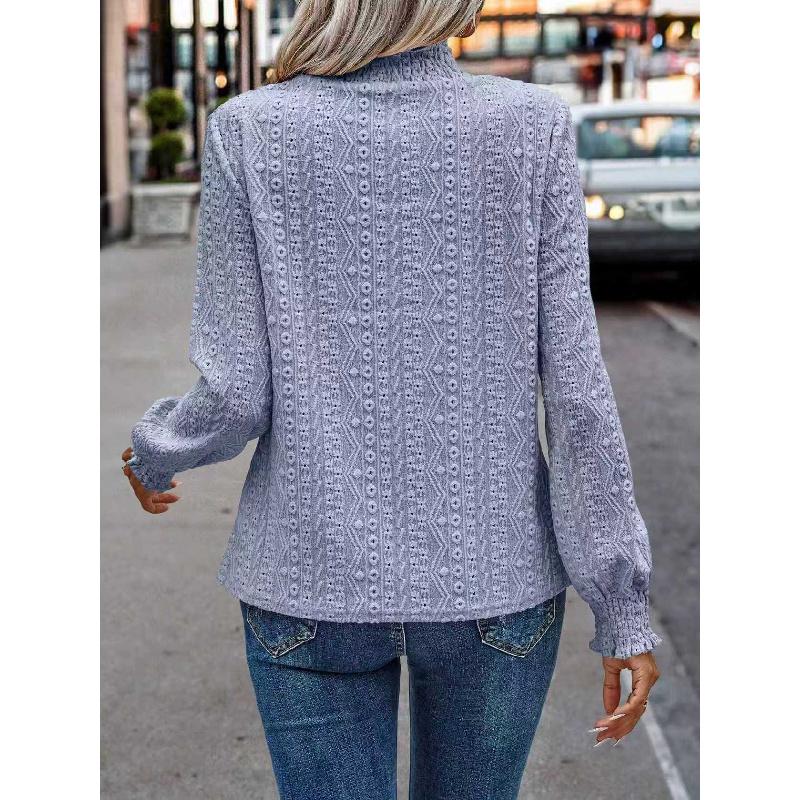 2026 New Women's Solid Color Fashion Versatile Hollow Out Stand Collar Puff Sleeve T-Shirt Casual Top