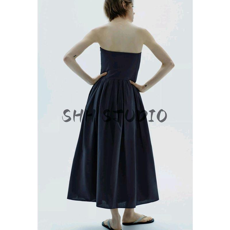 Summer New Women's Pleated off-the-Shoulder Fitted Waist Poplin Tube Top French Evening Dress Length Dress 4661219