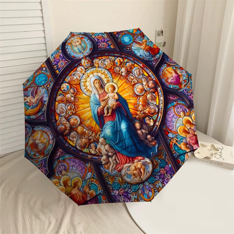 

1PC Stained Glass MadonnaAutomatic Open/Close Umbrella with Windproof, 8-Rib Sturdy Canopy, Durable Ribs, Fashionable Design1325A