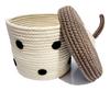 Cotton storage basket with lid, round, lightweight, Scandinavian style, hand-knitted, natural finish, 20 x 18 cm. Ideal for storing small items, cosme