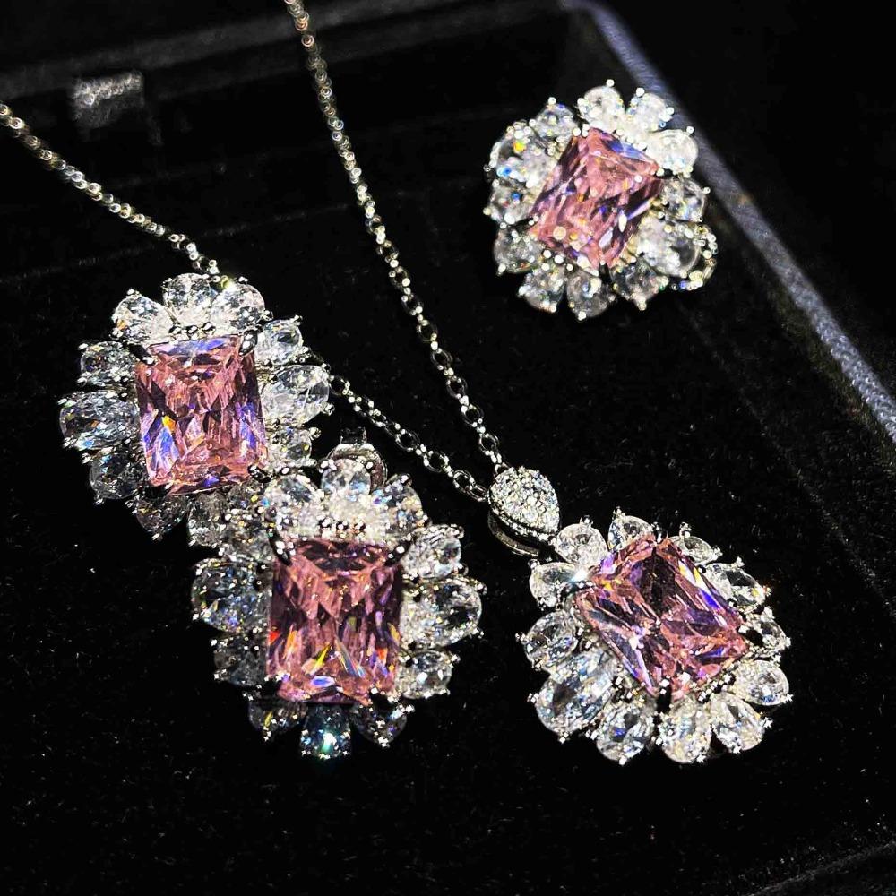 Elegant Women Jewelry Set Asscher Yellow Topaz Blue Argyle Pink Square Diamond Ring Earrings Pendant