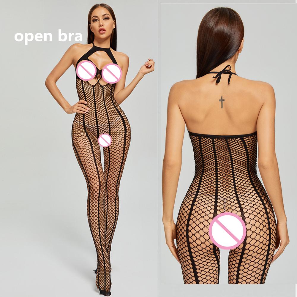 New Sexy Lingerie Female Erotic Sexy Woman Full Body Stockings Perspective Temptation Hollow Breast Open Mesh Teddy Bodysuits
