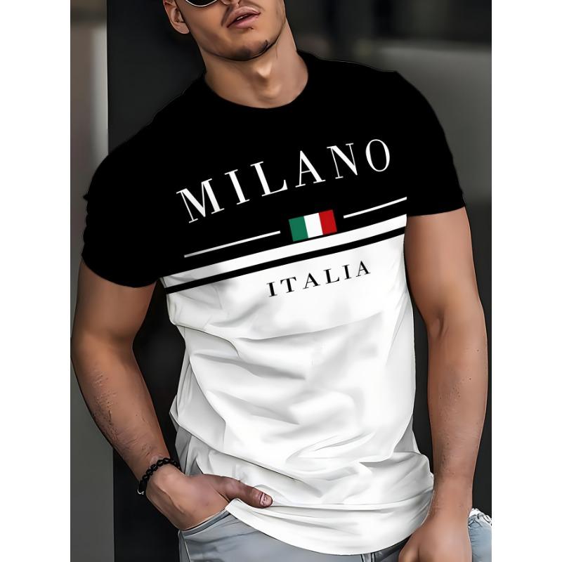 Italia Milano Letter Pattern 3D Prited Men's Tshirts Short Sleeve Casual Tops Mens O-neck T-shirt Boys Loose Streetwear