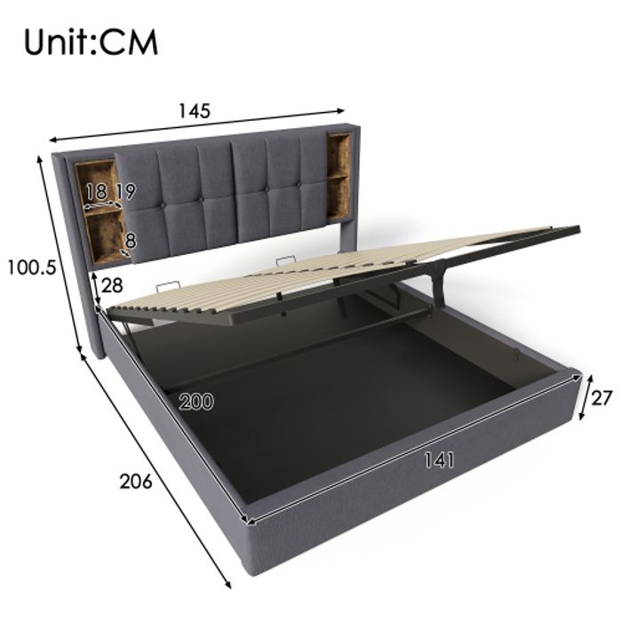 Lit Double Avec Recharge Sans Fil USB C, Sommier À Lattes Avec Matelas Moelleux De 140x200 Cm (matelas Non Inclus).