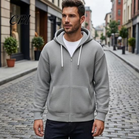 Fashionable Waffle Knit Hoodie Men's Hooded Jacket, Solid Zip Up with Adjustable Lightweight Athletic Outerwear Hood & Pockets, Long Sleeve