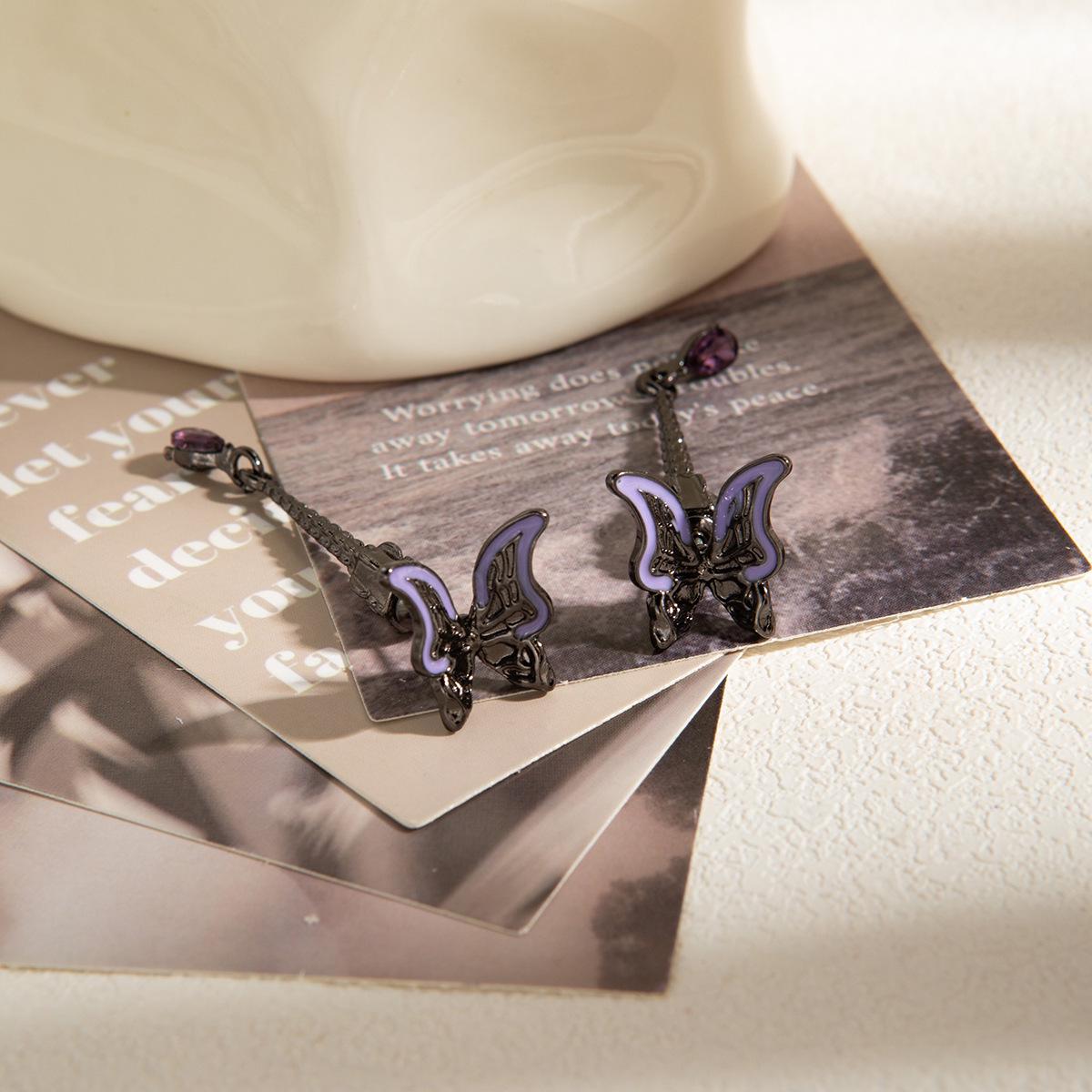 Silver Needle Retro Gothic Purple/Black Butterfly Rhinestone Earrings