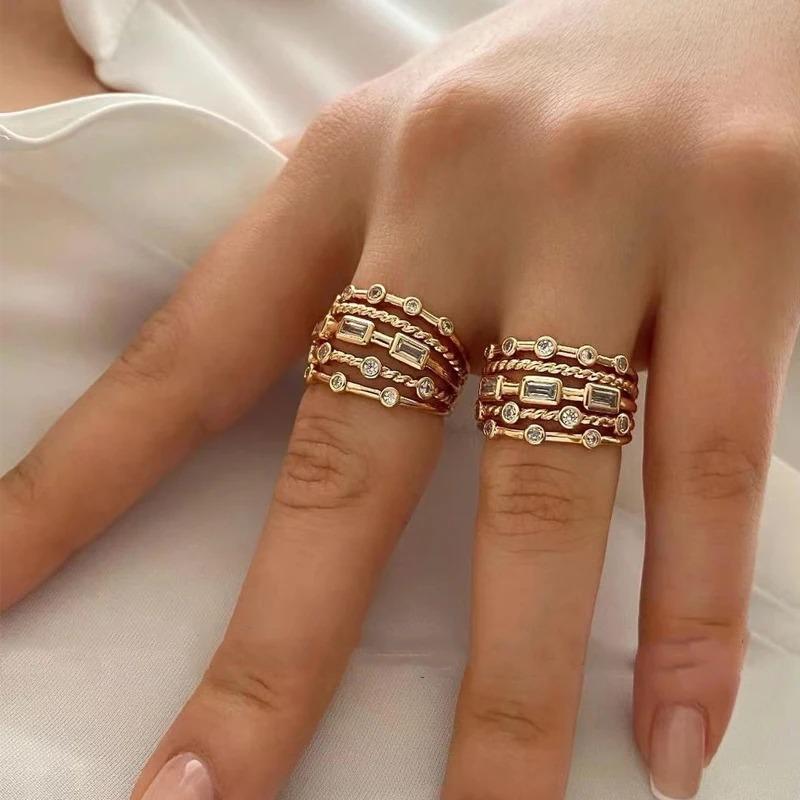 New Stainless Steel 18 K Gold Plated Sun Rings for Women Natural Stone Inlaid in Hollow Metal Texture Ring Trendy Jewelry