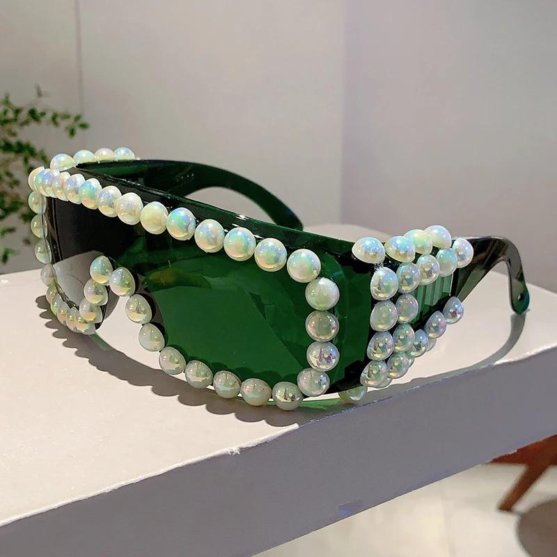 Women Chic Pearls Warp Around Sun Glasses Stylish Candy Color Decor Shades Original Brand Design Travel Holiday Goggle