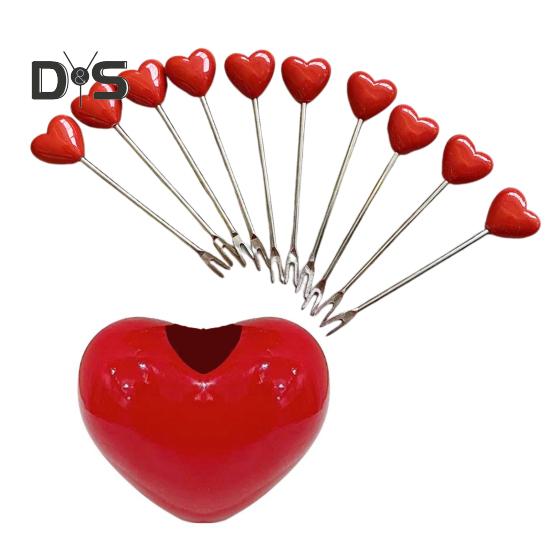 

Набор из 5/10 вилок для фруктов в форме сердца, десертов, тортов, закусок, с держателем Love, многоразовые кухонные принадлежности A