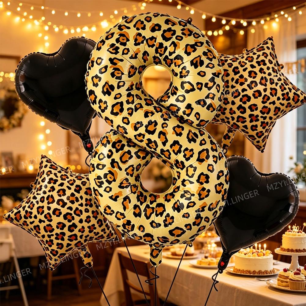 Super Sized 40inch Leopard Print Digital Balloon with Leopard Print Pentagram and Black Heart Balloon for Birthday Party Decor