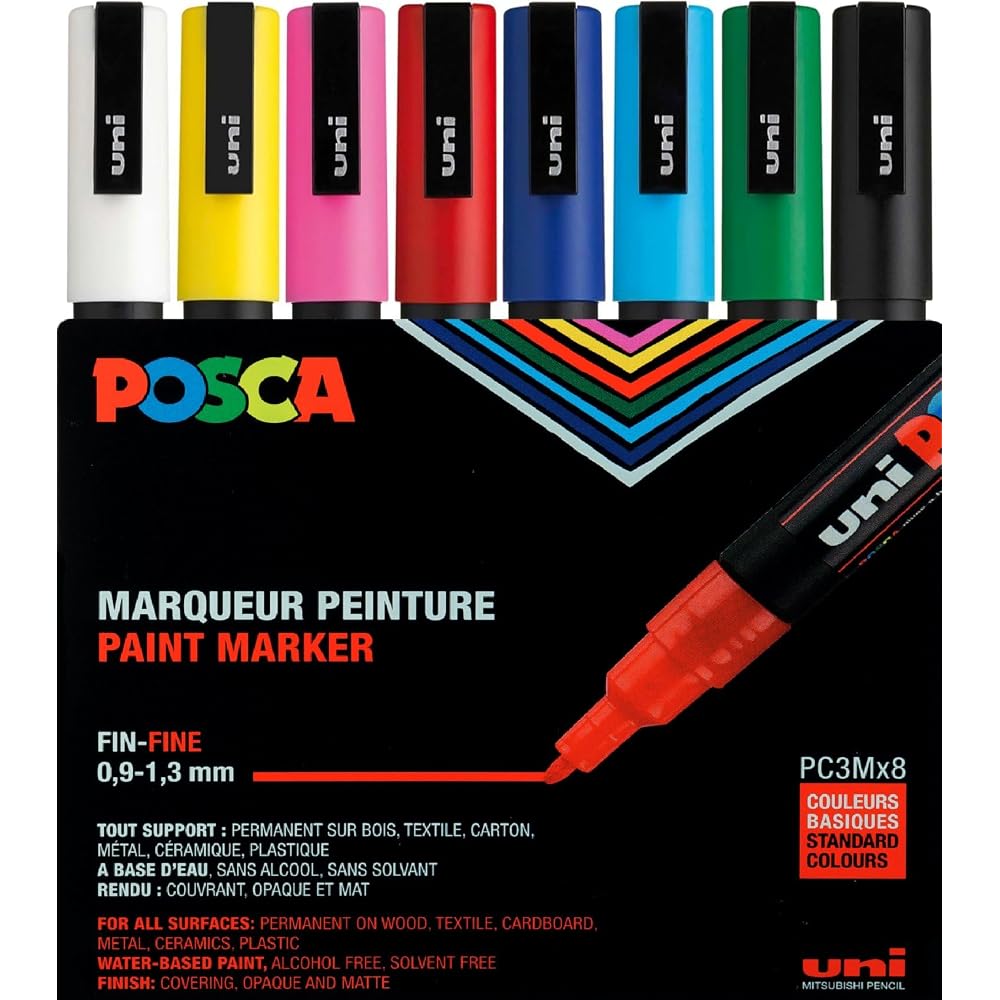 Posca Mitsubishi PC3M8C Water-based Pencil, Posca Fine Shape, Round Core, 8 Colors