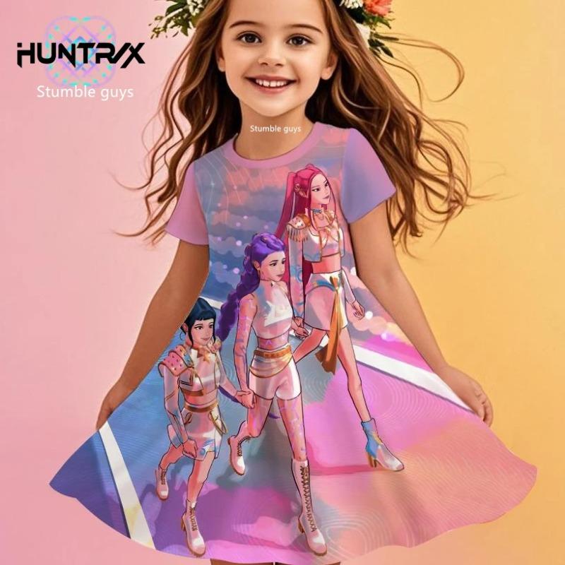 Summer Cute Kpop Demon Hunters Child Short Sleeve Adult Kids Tee Fashion Dress Cosplay Huntrix Fan Gift