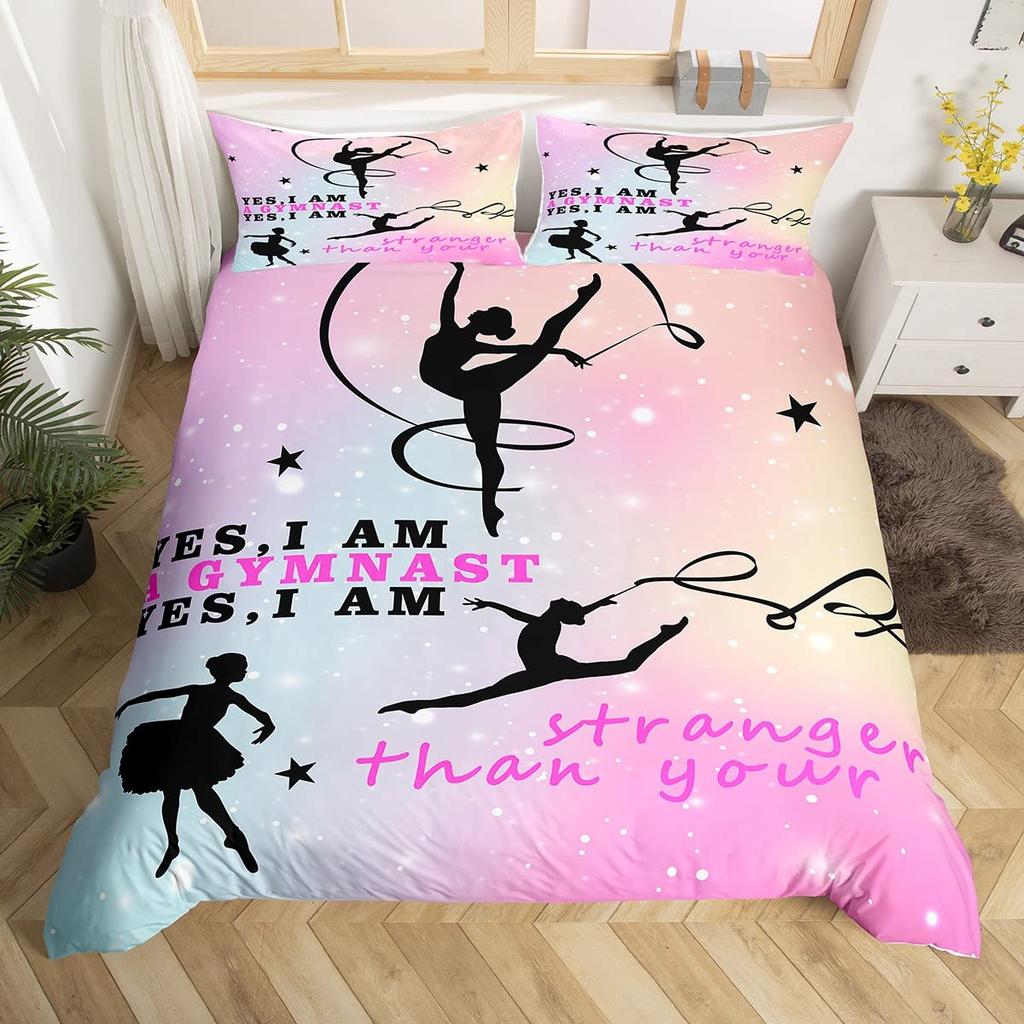 Rainbow Bedding Set for Girls Ballet Duvet Cover Dancing Ballerina Silhouette Comforter Cover Twin Tie Dye Starry Sky Bed Cover