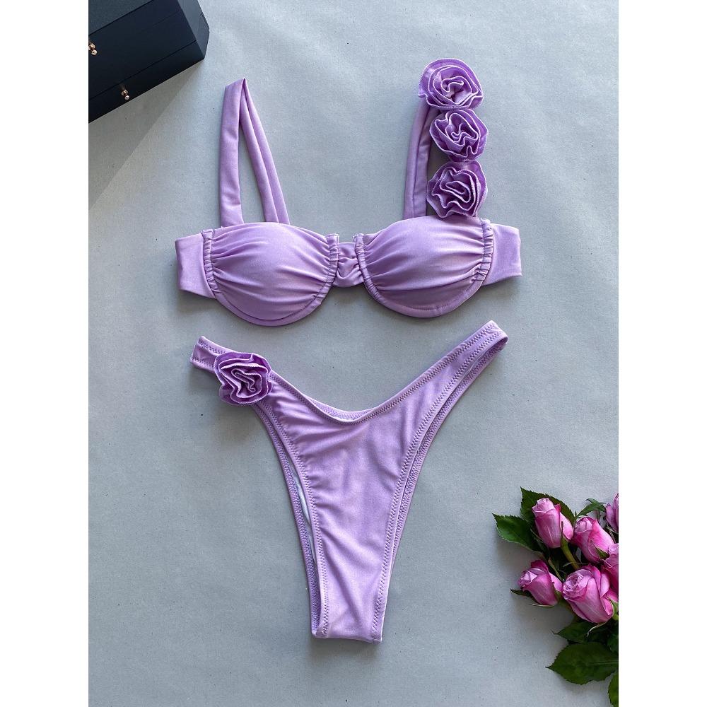 

Европейский и американский однотонный купальник бикини из стали с трехмерным цветочным узором и разрезом для женщин L