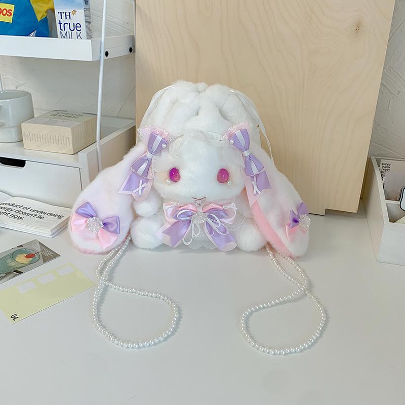 Lolita Plüsch Hasen Tasche mit Schleife, Perlenkette und Herz Design - Süße Girly Umhängetasche
