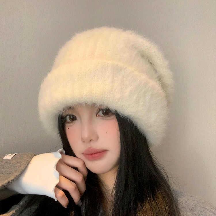Thickened Rabbit Wool Hat In Autumn and Winter Sweet and Versatile Warm Hat Showing Face and Ear Protection Piles