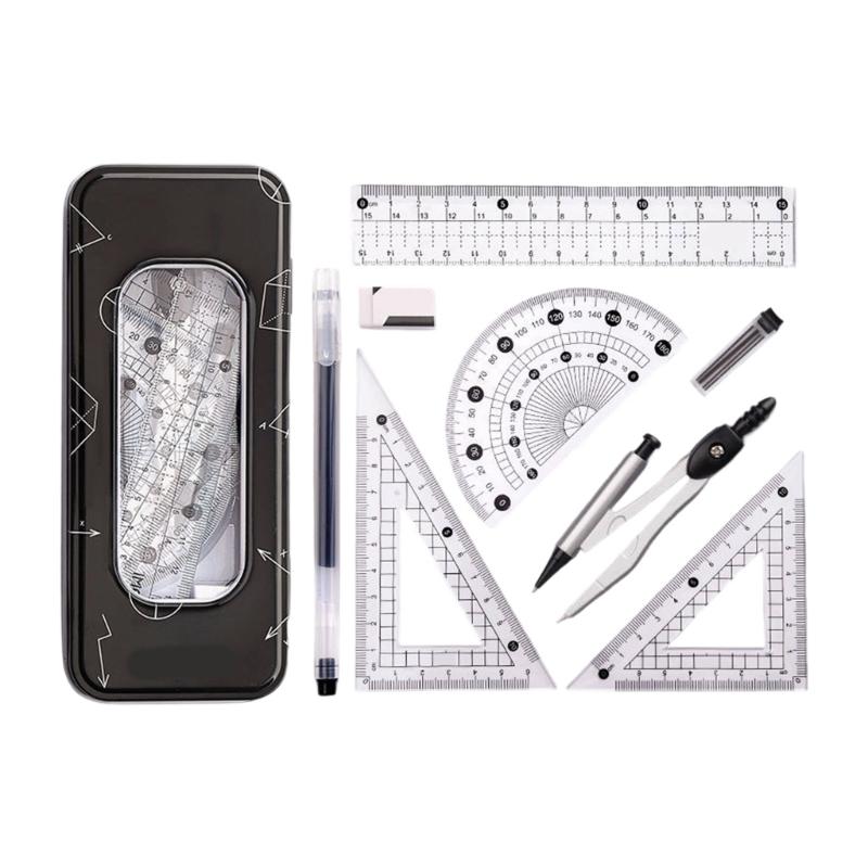 Multifunctional Drafting Tools Kits Including Compass Ruler Protractors Eraser For School Office Home Use In Organizers Box