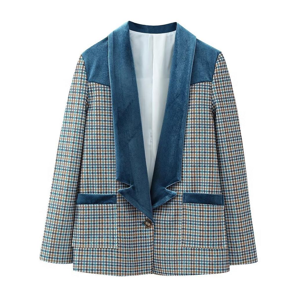 Spring and Autumn New Product Women's Fashion Simple Velvet Splice Embroidered Fabric Patch Long Sleeved Loose Suit Coat