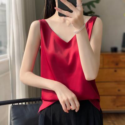 Colete Feminino Decote V Sem Mangas Cor Sólida Regatas Caimento Solto Cetim Liso Blusas Básicas Versátil Uso Diário