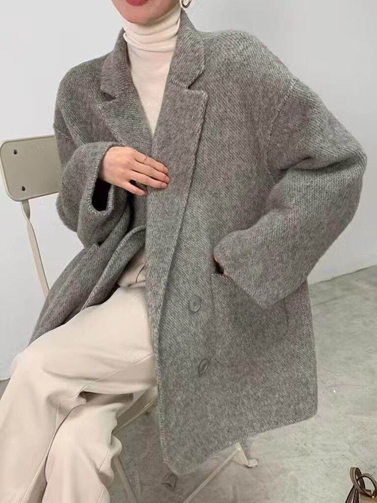 Kurzer Damen-Doppelseitiger Wollmantel mit Anzugkragen und Elasthan, Winter-Übermantel