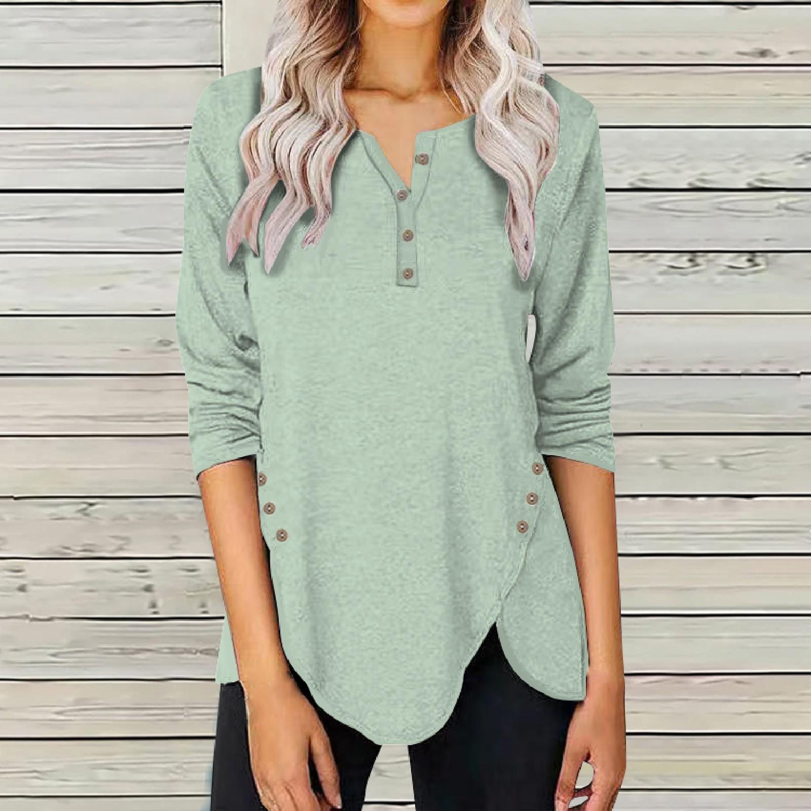 

Women s Long Sleeve Tee Colour Irregular Button Hem Button Open Neck Top M зелёный
