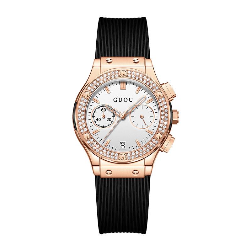 Montre tendance, personnalité, cool, élégante, grand cadran, bracelet en silicone, autoritaire, strass, montre femme