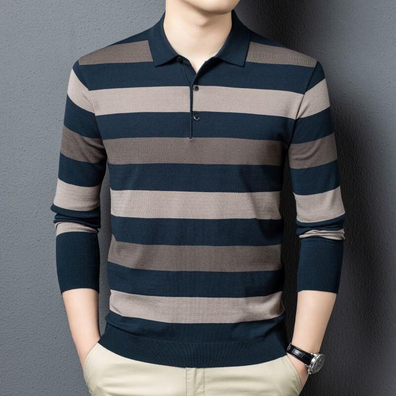 Men s Striped Lapel Pullover Knit Sweater 2XL