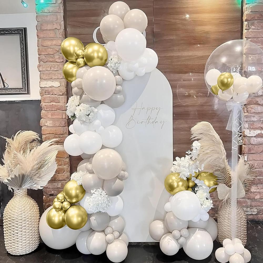 White Sand Balloon Arch Kit Metallic Gold Balloons Garland Baby Shower Graduation Wedding Anniversary Birthday Party Decoration