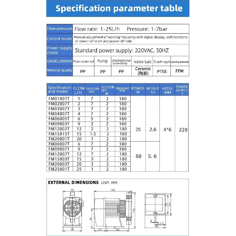 Metering Dosing Pump 1-7bar Micro-acid Electromagnetic Diaphragm Pump Water Treatment Liquid Micro-acid Chemical Chlorine