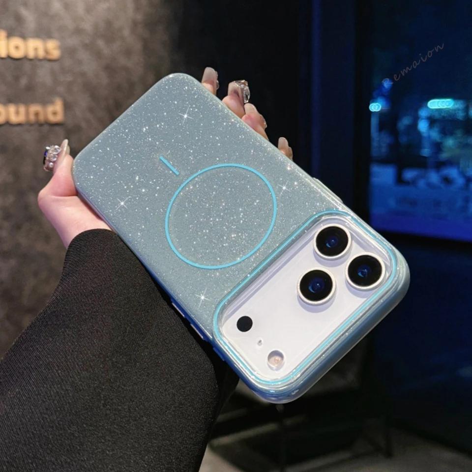 Magnetic Phone Case for iPhone 17 16 15 14 13 Pro Max Air Plus For Magsafe Funda Bling Bling Glitter Wireless Charger Cover