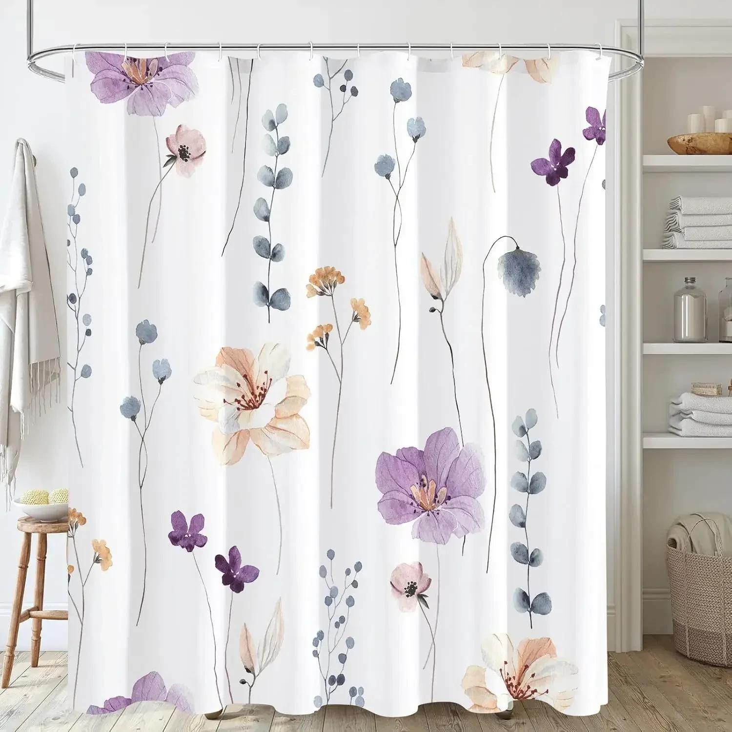 

Modern Art Floral Shower Curtain with Watercolor Flowers That Can Be Separated Waterproof Mildew Resistant Decorative Bathroom W150xH180cm