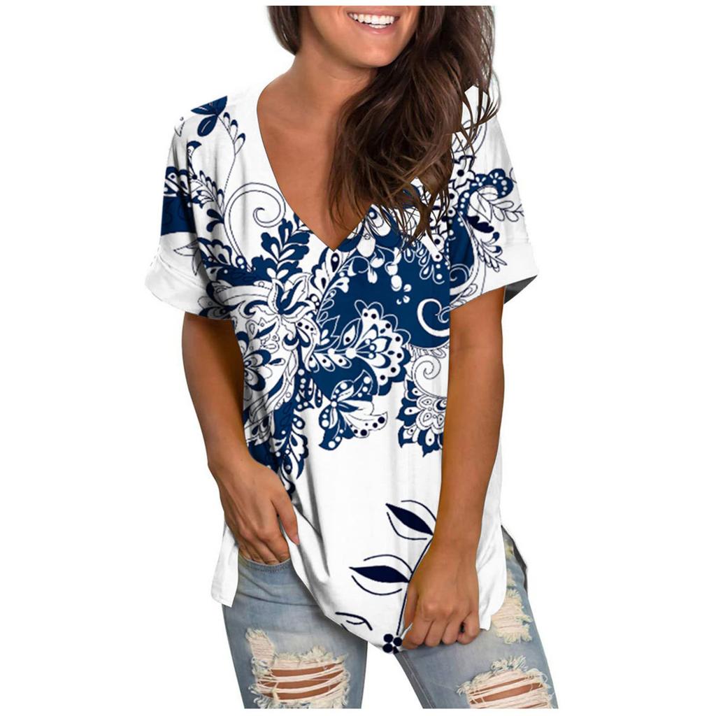 Women's Spring Summer Fashion Beach Casual Print Loose Short Sleeve T-Shirt Top