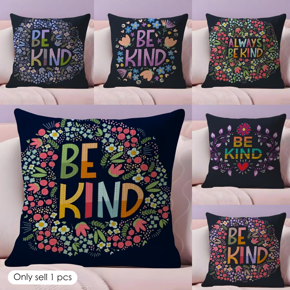 Be Kind Flowers Cushion Cover Natural Linen Organic Fabric DoubleSided Printing Couch Pillow Covers Home Decor