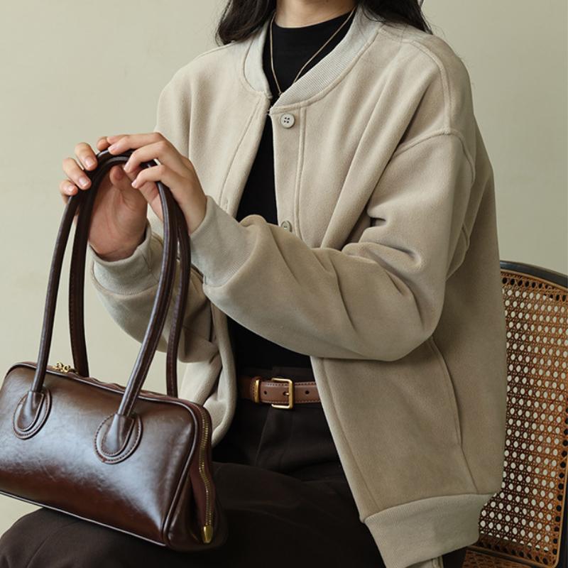 Vintage Women Soft Cropped Bomber Jacket 2025 Female Spring Autumn Woolen Cloth Jacket Woman Fashion Short Coats