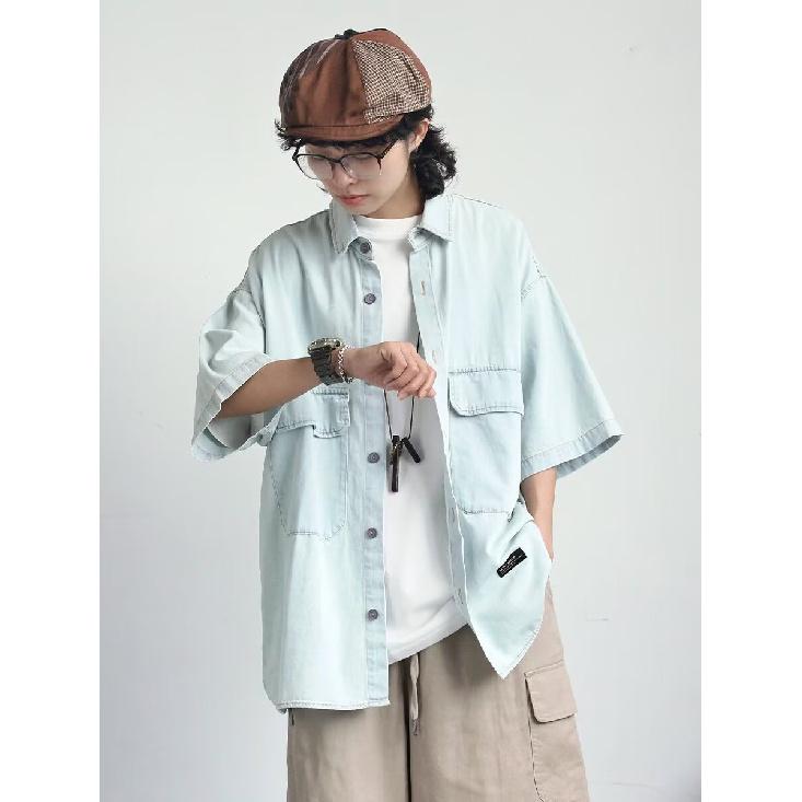 Retro džínová pracovní košile s krátkým rukávem, Pánská a dámská letní módní značka, Japonský retro trend s polovičním rukávem, Chladivá a volná košile