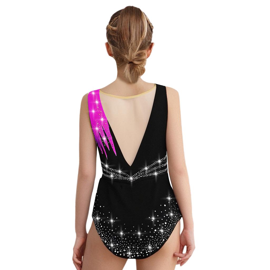 Mädchen Rhythmische Gymnastik Turnanzug Ärmellos mit glänzenden Strasssteinen Kontrastfarbe für den Wettkampf