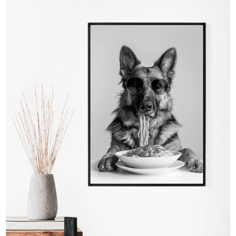 Interesting Animal Collie Eating Spaghetti Bulldog Cook Animal Portrait Poster Canvas Paintings Wall Art Pictures Home Decor