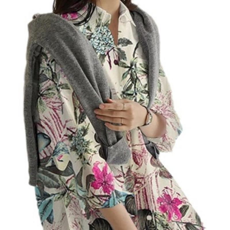 Fashion Long Sleeve Loose Large Size Printed Blouse Women Elegant Long Sleeve Office Ladies Casual Simple Tops Lapel Vintage Spring Summer Shirts