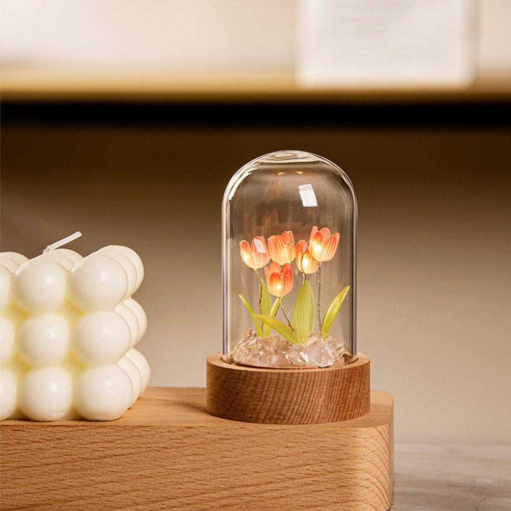 Tulip Flower Night Light With Glass Cover Handmade DIY Bedside Light LED Night Lamp Table Desk Lamp Bedroom Decor USB Mood Light