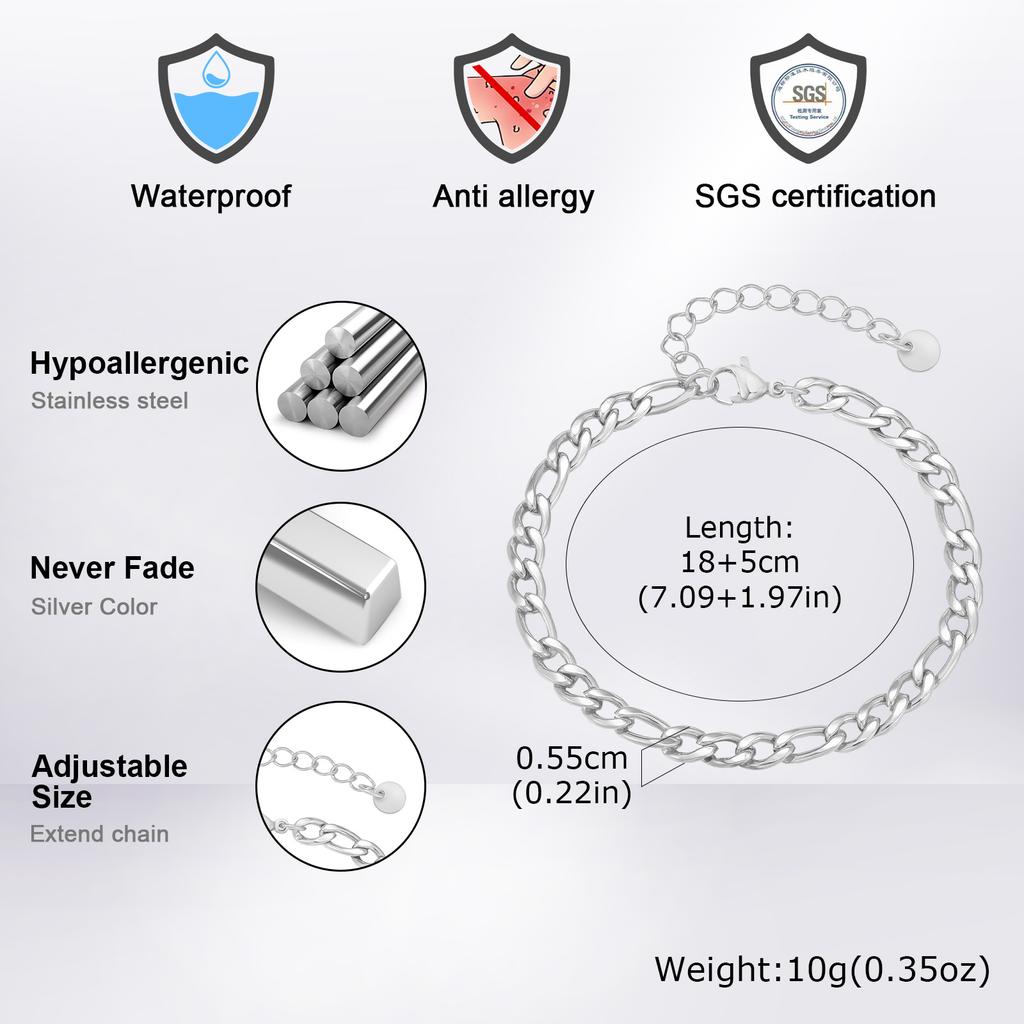 Men's Figaro Chain Bracelets,5.5mm Width Stainless Steel NK Chain Wristband,Hiphop Punk Jewelry Gift for Him